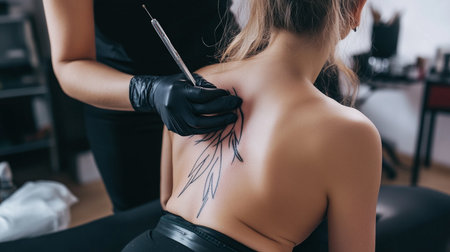 cropped view of tattooist in latex gloves drawing on female backの素材