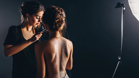 Professional makeup artist applying powder on the back of a beautiful young womanの素材