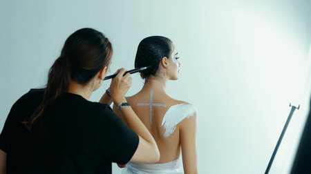 Makeup artist applying makeup on a beautiful young woman face.の素材