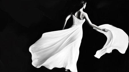 Beautiful girl in a white dress dancing on a black background.の素材