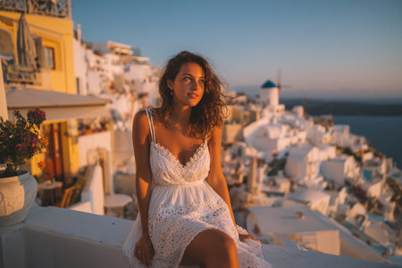 Beautiful young woman in a white dress on Santorini island, Greeceの素材
