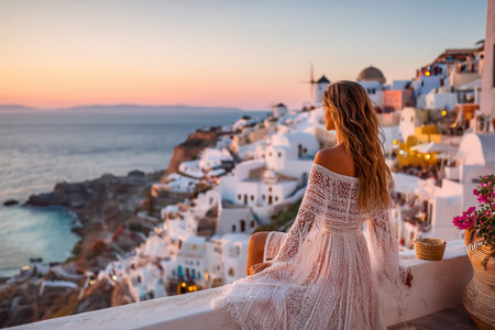 Young woman in white dress at sunset in Santorini, Greeceの素材