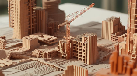 3d illustration of a model of a construction site with cranesの素材