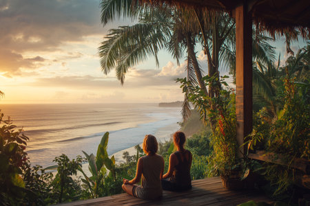 Two girls meditating on the terrace of a bungalow at sunsetの素材
