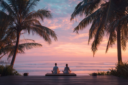 Couple meditating in lotus position on the beach at sunsetの素材