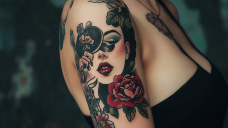 Tattooed woman with black and red flowers on her bodyの素材