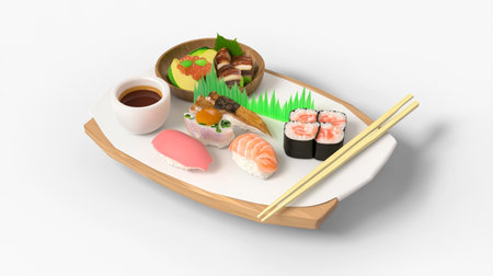 3d rendering of sushi set on wooden plate with soy sauce and chopsticksの素材