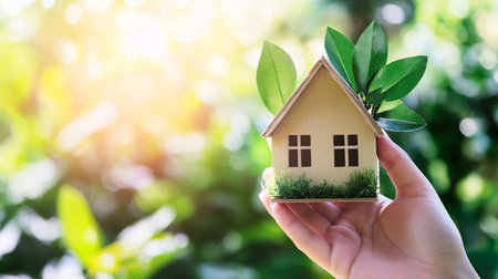 Hand holding house model with green leaf on blurred nature background. Real estate concept.の素材