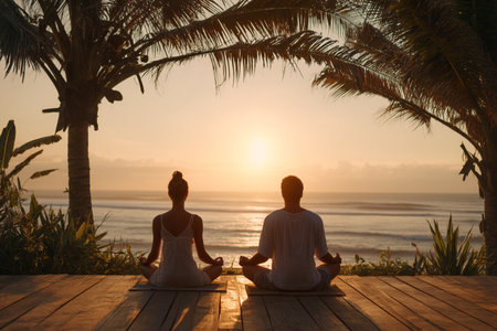 Man and woman meditating in lotus position on the beach at sunriseの素材