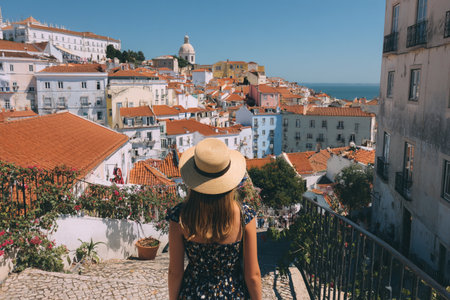 A young woman in a hat looks at the old town of Lisbon, Portugal.の素材