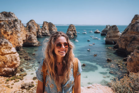 Portrait of a beautiful woman in sunglasses on the background of the sea and rocksの素材