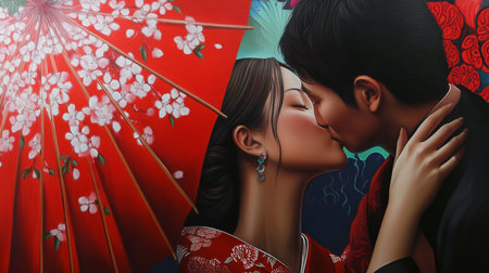 Asian couple kissing and kissing in traditional japanese kimonoの素材