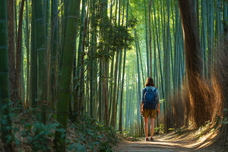 Woman with backpack walking in bamboo forest at Arashiyama, Kyoto, Japanの素材