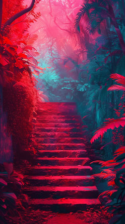 Staircase in the jungle with neon light. 3d renderingの素材