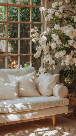 White sofa with cushions and a bouquet of white flowers.の素材
