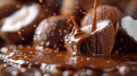 close-up of splashing chocolate and coconuts on brown backgroundの素材
