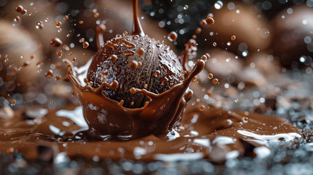 Chocolate splash with drops and splashes, isolated on black backgroundの素材