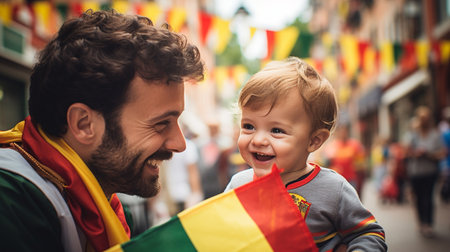 father and son with flag of germany at bavariaの素材
