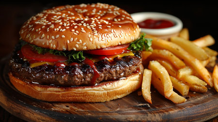 Cheese burger - American cheese burger with Golden French fries and ketchupの素材