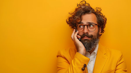 bearded man in yellow jacket and eyeglasses on yellow backgroundの素材