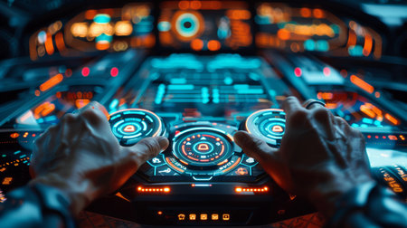 Close-up of a pilot's hands on the control panel.の素材