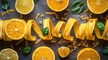 Creative food concept photo of pasta with basil leaves and orange on the table.の素材