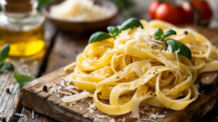 Pasta Carbonara with Basil and Parmesan on Wooden Cutting Boardの素材