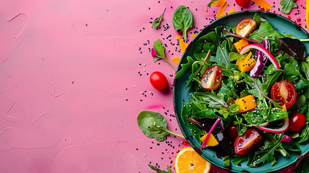 Fresh salad with cherry tomatoes, arugula, spinach, orange and sesame seeds on pink backgroundの素材