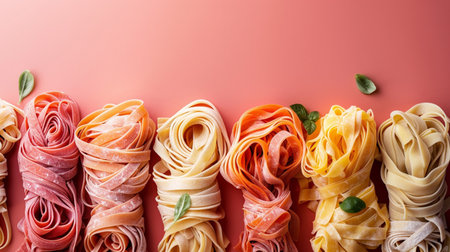 Raw tagliatelle pasta with basil on a pink background.の素材