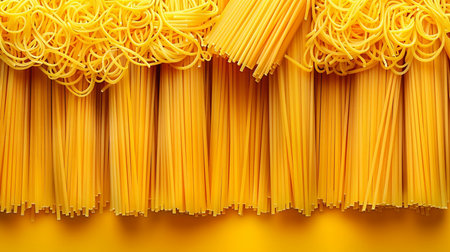 Uncooked Italian pasta on a yellow background. Close-up.の素材