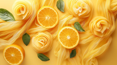 Composition with fresh pasta and cut orange on color background, top viewの素材