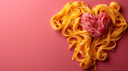 Pasta with heart shape on color background, top view. Space for textの素材