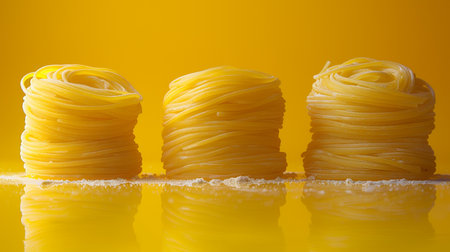 Close up of three uncooked italian pasta nests over yellow backgroundの素材