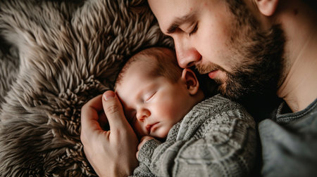 Newborn baby sleeping in the arms of his father. The concept of a happy family.の素材