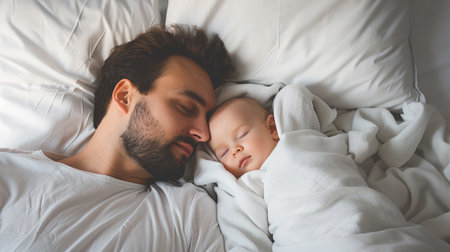 top view of young father sleeping with newborn baby on bed at homeの素材