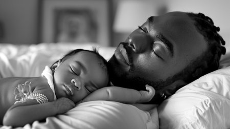 African american father and his newborn daughter sleeping on bed at homeの素材