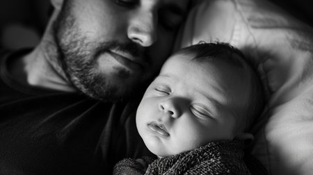 Black and white portrait of a sleeping newborn baby with his father.の素材