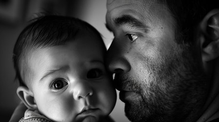Black and white portrait of a father kissing his newborn baby boy.の素材