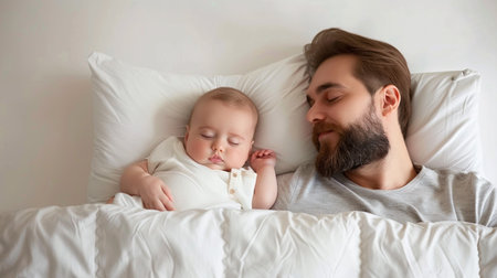 Father and baby sleeping in bed at home. Happy family together.の素材
