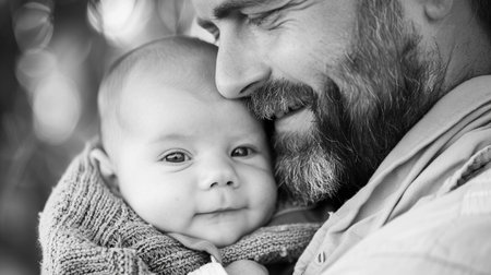 Portrait of a father and his adorable baby. Black and white photo.の素材