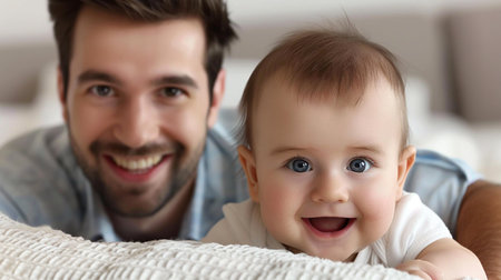 Portrait of happy young father with his adorable baby boy at homeの素材