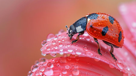 ladybug on flower petal with water drops macro close upの素材