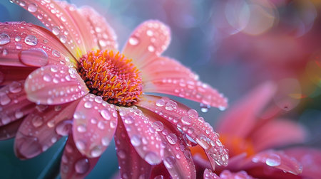 Pink gerbera flower with water droplets on petals.の素材