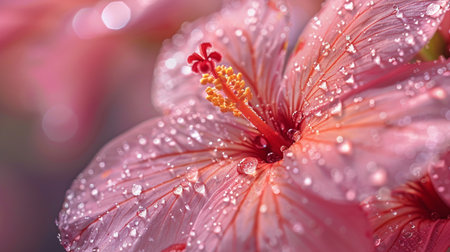 Pink hibiscus flower with water drops on petals close upの素材
