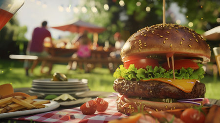 Big tasty hamburger on table outdoors, closeup. Picnicの素材