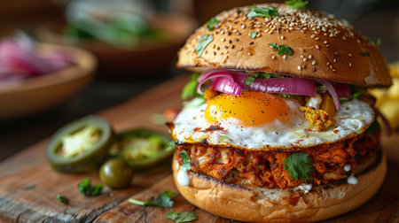 Burger with fried egg, onion and pickles on wooden tableの素材