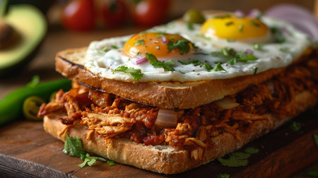 Traditional mexican sandwich with pulled pork, fried egg and vegetablesの素材