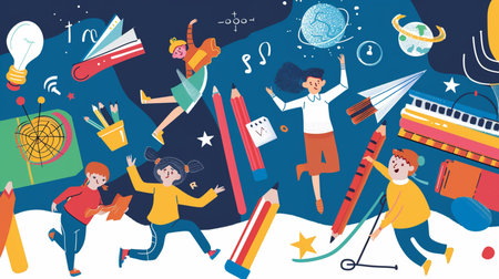 Illustration of kids doing school activities. Flat design vector illustration.の素材