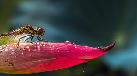Dragonfly on a red lotus flower with water droplets.の素材
