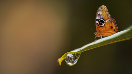 Butterfly on a leaf with water drops in the background.の素材